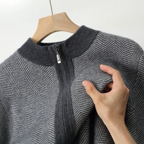 Autumn Winter 100% Merino Wool Knitted Zipper Cardigan Men's Half High Collar Herringbone Pattern Thick Coat Casual Warm Jacket