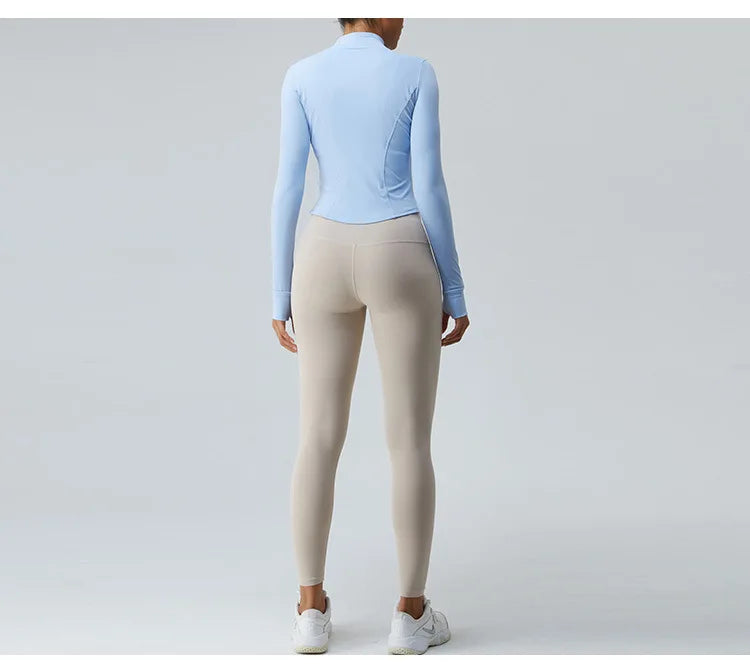 Gym Shirt Women's Full Zipper Yoga Top With Thumbholes Fitness Running Jacket Stretch Fit Long Sleeve Round Neck Top Sportswear