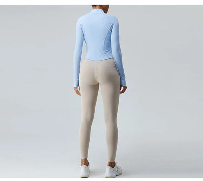 Gym Shirt Women's Full Zipper Yoga Top With Thumbholes Fitness Running Jacket Stretch Fit Long Sleeve Round Neck Top Sportswear