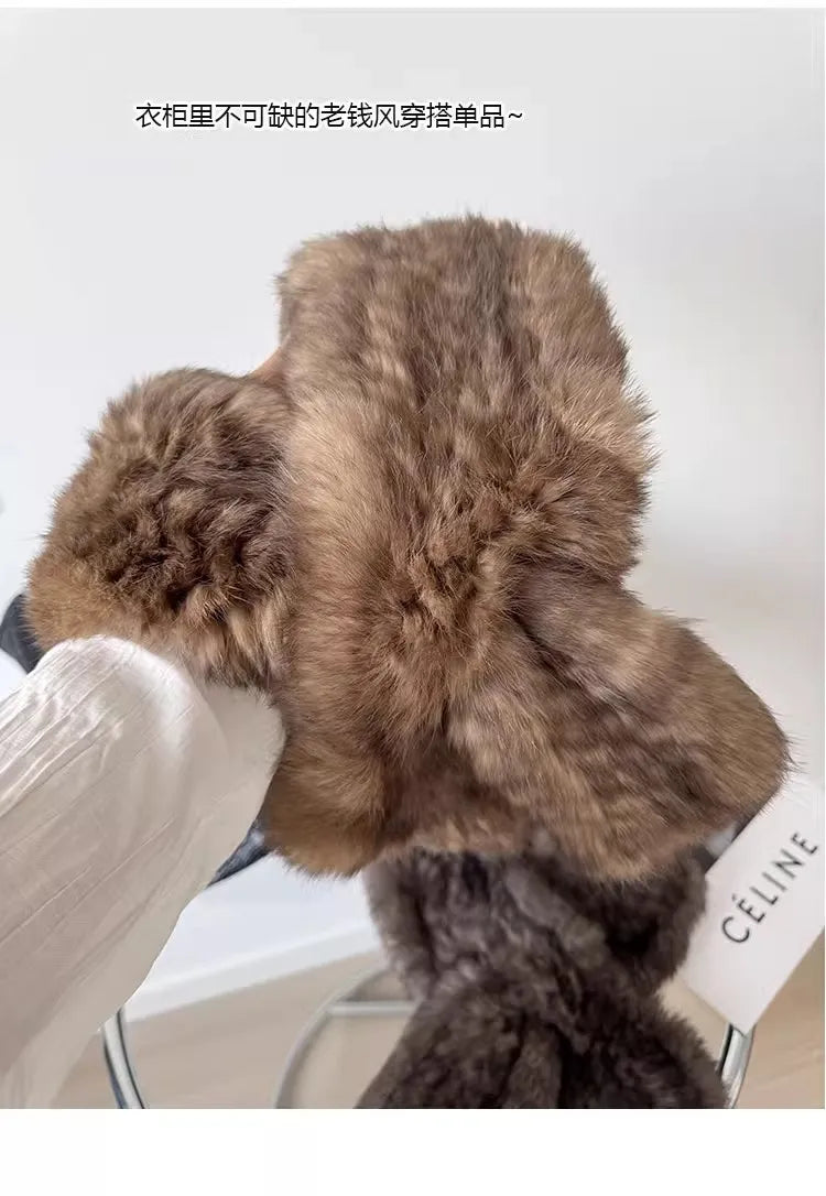 Korean-quality sable color scarf Real rabbit fur scarves women's autumn and winter versatile woven sable hair scarf, fur collar