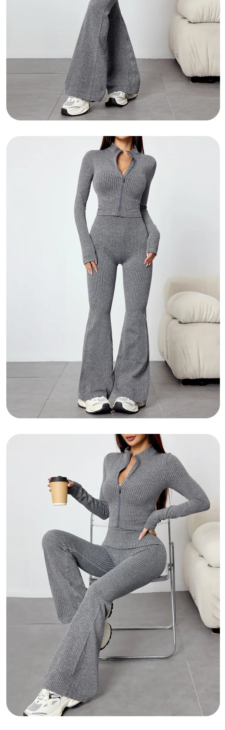 SOISOU 2 PCS Sport Running Sets Autumn Winter Women's Slim Yoga Outfit Long Sleeve Zip Jacket Flared Leggings Fitness Set