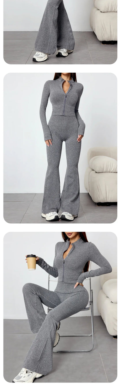 SOISOU 2 PCS Sport Running Sets Autumn Winter Women's Slim Yoga Outfit Long Sleeve Zip Jacket Flared Leggings Fitness Set