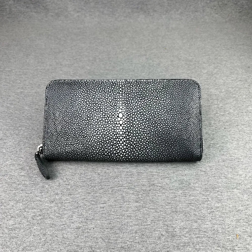 Genuine Unisex Stingray Leather Long Wallet, Exotic Style Leather Clutch for Women, Large Zip Card Holder for Men