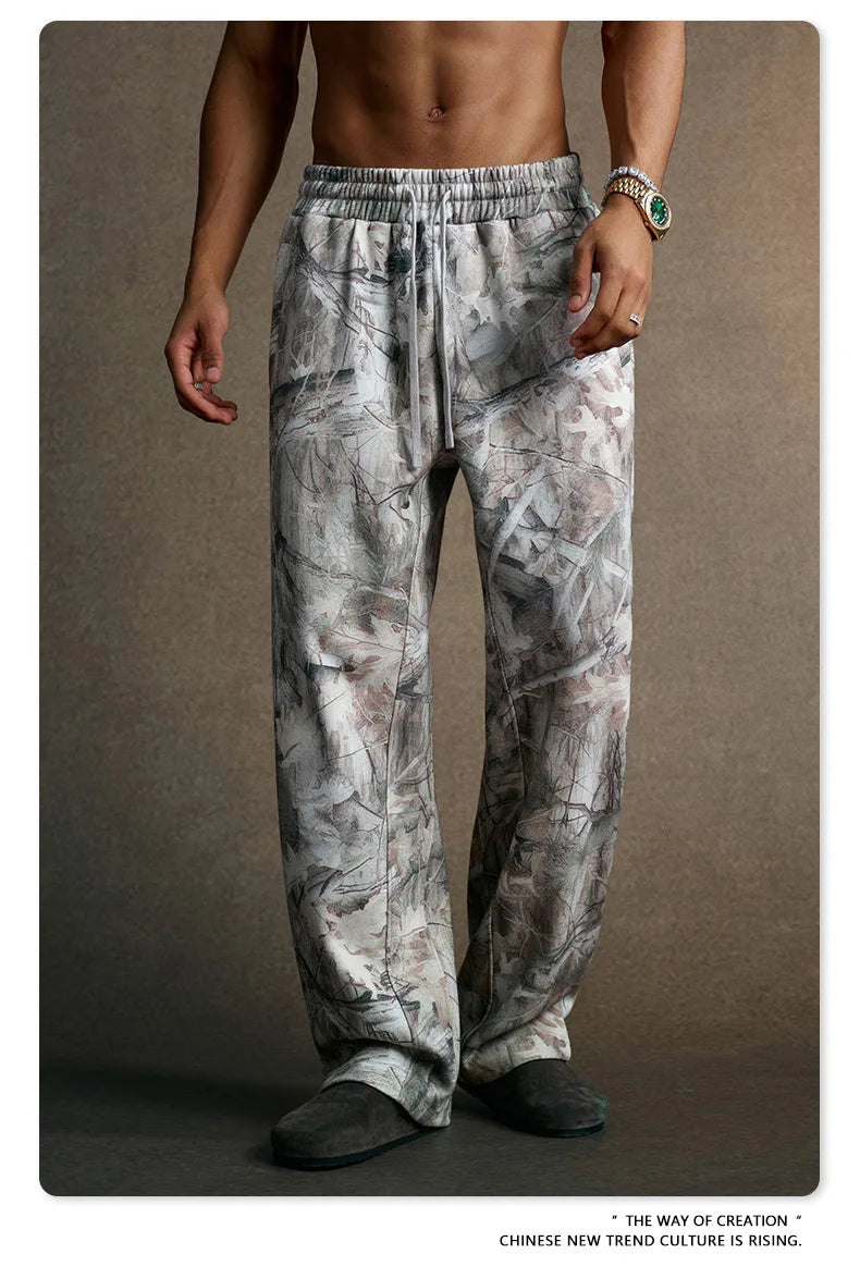 Custom LOGO Men's 2025 Autumn New 340G fleece-lined Fake Two-piece Camouflage Sweater T-Shirt Casual Pants Set