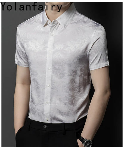 YOLANFAIRY 92.4% Mulberry Silk Mens Shirts Summer Shirt for Men Camisas Hombre Mens Button Up Shirt Mens Fashion Shirt Tops