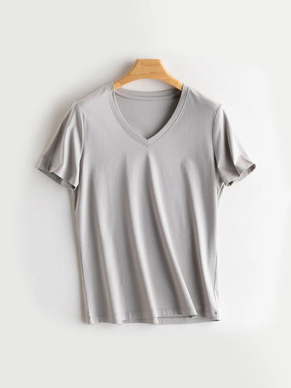 SuyaDream Women Solid T shirts, Silk Cotton Blend, O Neck, Short Sleeved Solid Tee,2025 Summer Candy Colors Basic Cozy Top Green