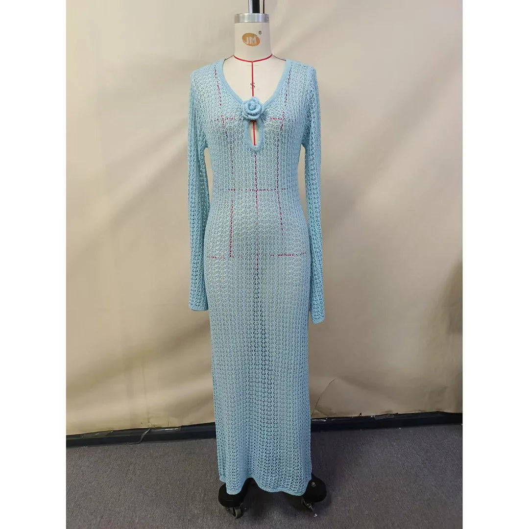3D Flower V Neck Long Sleeve Crochet Knitted Tunic Beach Cover Up Cover-ups Beach Dress Beach Wear Beachwear Female Women V5852
