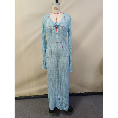 3D Flower V Neck Long Sleeve Crochet Knitted Tunic Beach Cover Up Cover-ups Beach Dress Beach Wear Beachwear Female Women V5852