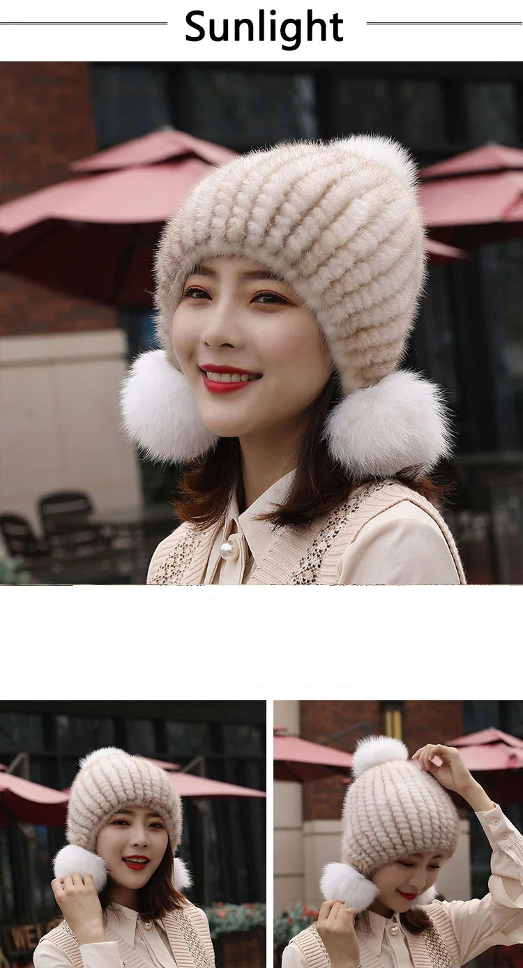 Fashion Women Real mink hat Winter warm mink fur knit hats Women fox fur ball cap