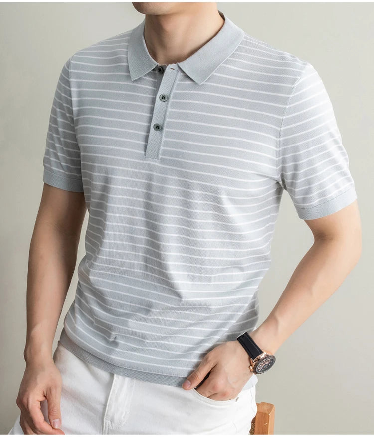Men's Lyocell shirt summer new casual striped short sleeved T-shirt Polo collar breathable comfortable knitted pullover