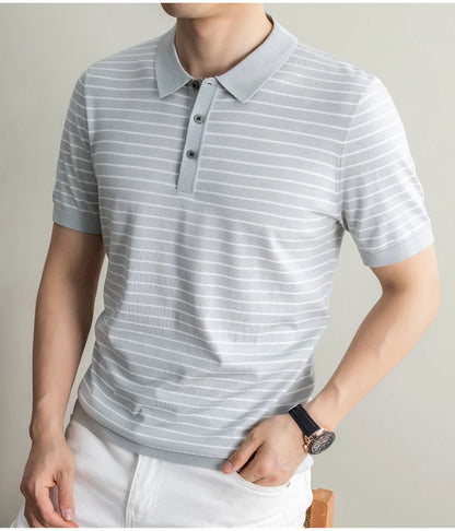 Men's Lyocell shirt summer new casual striped short sleeved T-shirt Polo collar breathable comfortable knitted pullover
