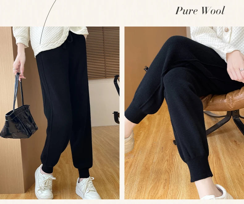 DjzDsm Women's Wool Pencil Pants Autumn Winter 100% Merino Wool Knitted Trousers Thick Soft Warm Pocket Casual Style Comfy Pants