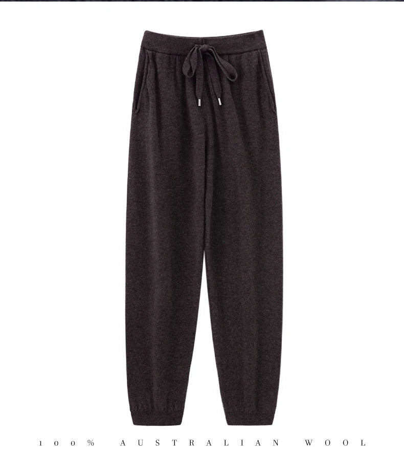 2024 Autumn And Winter New 100% Pure Wool Flat Small Foot Pants Women Loose High Waist Lean Knitted Cashmere Bunched Foot Pants