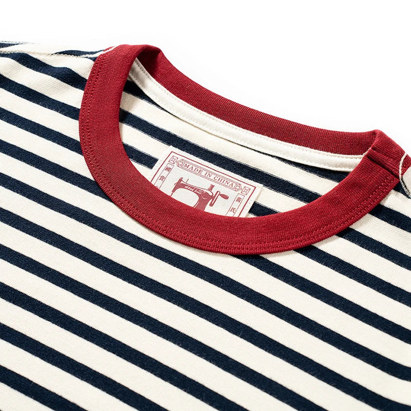 Summer new pure cotton T-shirt men's American retro contrasting shirt versatile couple short sleeved T-shirt striped base shirt