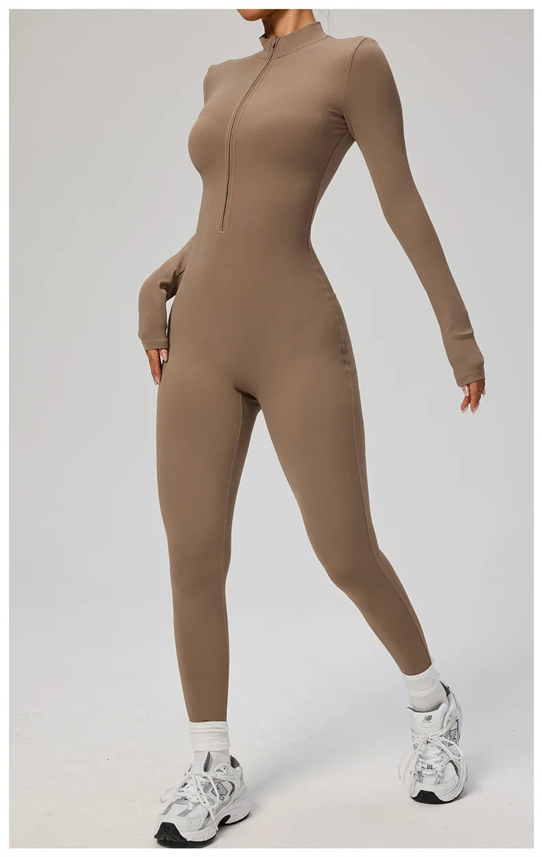TRY TO BN Women's Jumpsuit Long Sleeve Zipper Shapewear Bodysuit Yoga Fitness One Piece Tights Gym Clothing Mono Deportivo Mujer