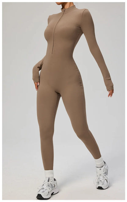TRY TO BN Women's Jumpsuit Long Sleeve Zipper Shapewear Bodysuit Yoga Fitness One Piece Tights Gym Clothing Mono Deportivo Mujer