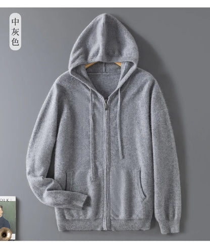 DjzDsm Autumn and Winter100% Merino Wool Men's Knitted Top Zipper Hoodie Zipper Cardigan Knitted Coat Sweater Hoodie