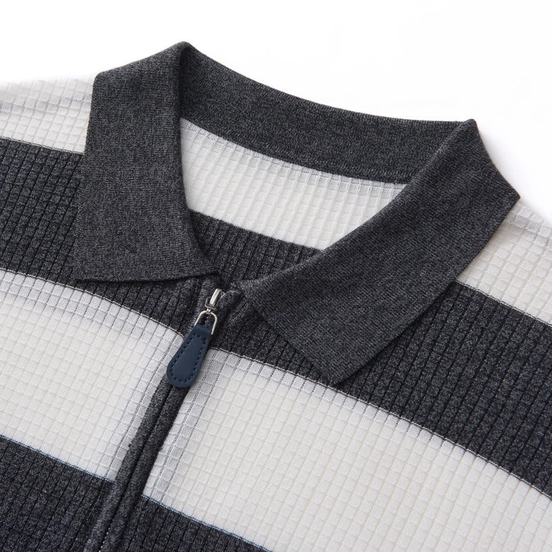 Men's 100% Lyocell POLO Collar Striped T-Shirt Knit Pullover Summer New Bussiness Casual Half-zip Short-sleeved Jumper Menswear