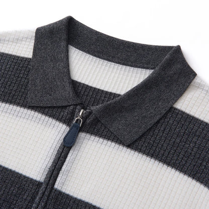 Men's 100% Lyocell POLO Collar Striped T-Shirt Knit Pullover Summer New Bussiness Casual Half-zip Short-sleeved Jumper Menswear
