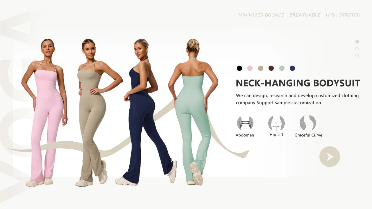New Summer Women Sleeveless Yoga Jumpsuit Female Gym Flared Overalls Neck-hanging Backless Sportswear Sport Outfit For Woman