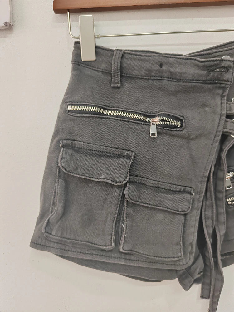 DEAT Fashion Women's Denim Shorts High Waist Zipper Lace Strap Pockets Fake 2 Pcs Green Shorts Skirts Summer 2024 New 17A6200