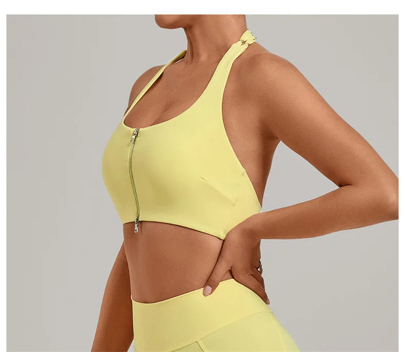 TRY TO BN Yoga Sports Bra Women's Zipper Halter Neck Naked Feeling Backless Underwear Fitness Tops Workout Running Gym Clothing