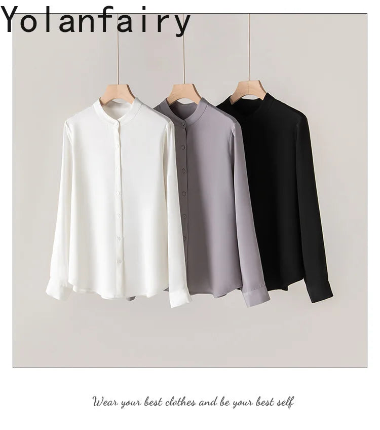 YOLANFAIRY 93% Natural Mulberry Silk Shirts Woman 2026 Stand Collar Long Sleeve Blouse Women Elegant White Shirt OL Ladies Tops