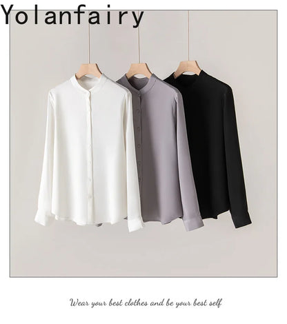 YOLANFAIRY 93% Natural Mulberry Silk Shirts Woman 2026 Stand Collar Long Sleeve Blouse Women Elegant White Shirt OL Ladies Tops