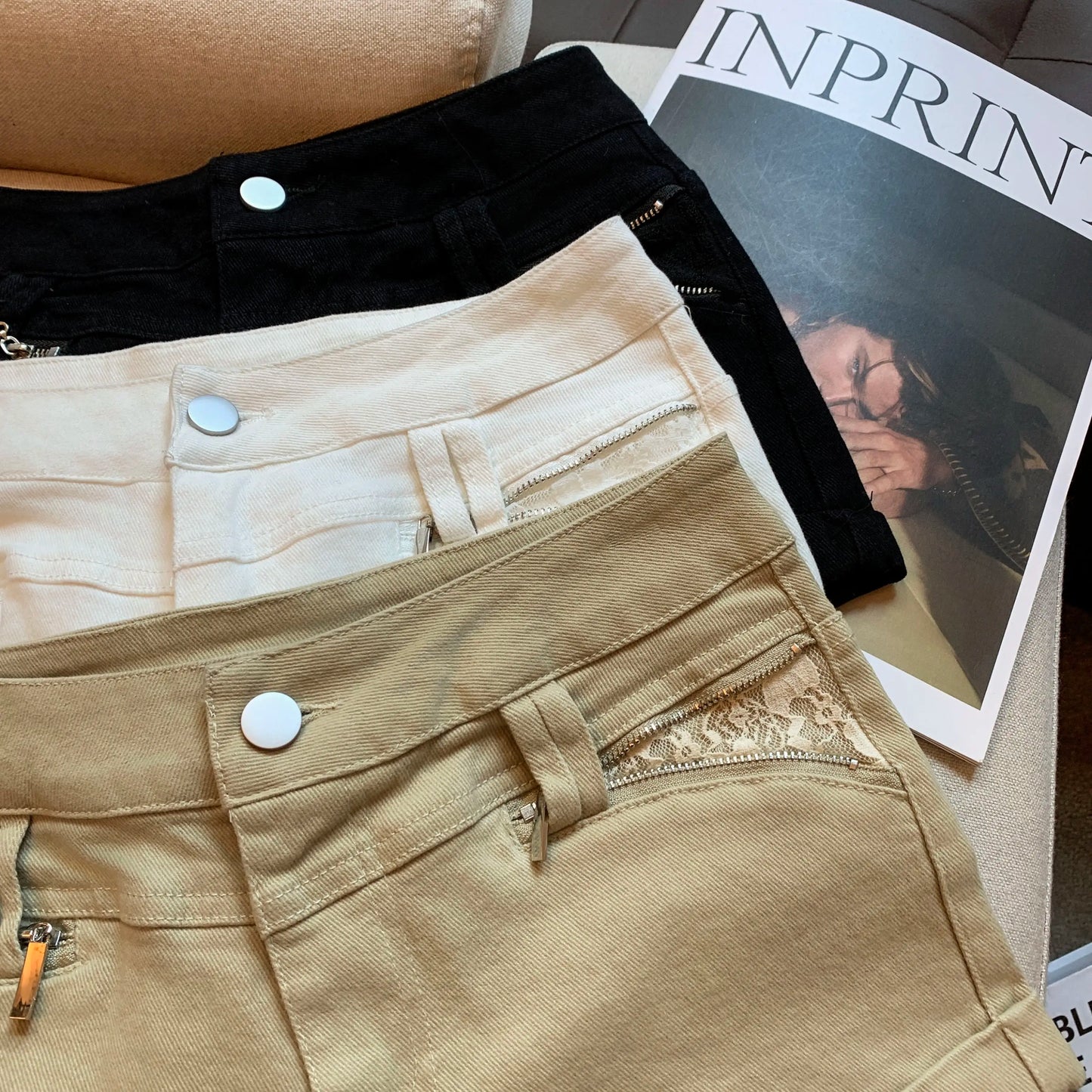 DEAT Fashion Casual Cargo Shorts Women's Khaki Lace Pocket Trim High Waist Daily Streetwear Hot Pants Summer New 7A3928