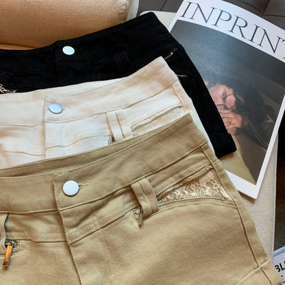 DEAT Fashion Casual Cargo Shorts Women's Khaki Lace Pocket Trim High Waist Daily Streetwear Hot Pants Summer New 7A3928