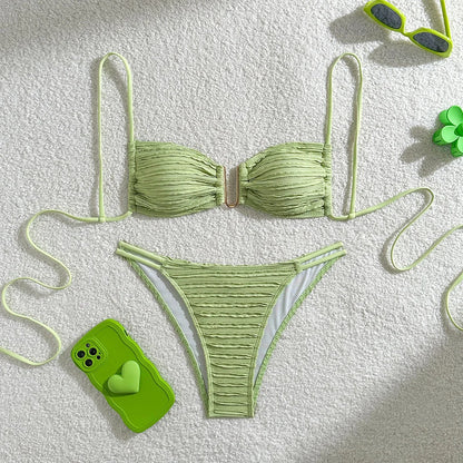 U Neck Wrinkled Crinkled Bikini Women Swimwear Female Swimsuit Two-pieces Bikini set High Cut Bather Bathing Suit Swim V5708B