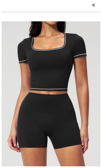 TRY TO BN 2 Pieces Women's Tracksuit Yoga Short Sleeves Top Sets High Waist Shorts Contrasting Color Running Fitness Gym Clothes