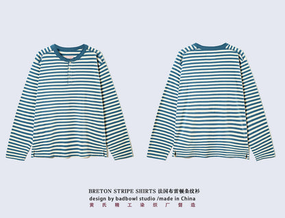 American retro striped long sleeved T-shirt for men, heavy-duty cotton washed T-shirt, oversized casual Henry collar base shirt