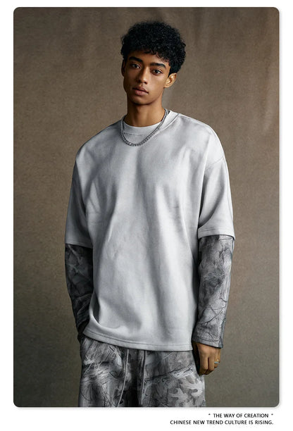 Custom LOGO Men's 2025 Autumn New 340G fleece-lined Fake Two-piece Camouflage Sweater T-Shirt Casual Pants Set