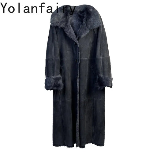 YOLANFAIRY Real Goatskin Leather Fur Coats for Women Winter High-end Natural Fur Coat Lazy Style Long Leather Jacket Luxury Wear