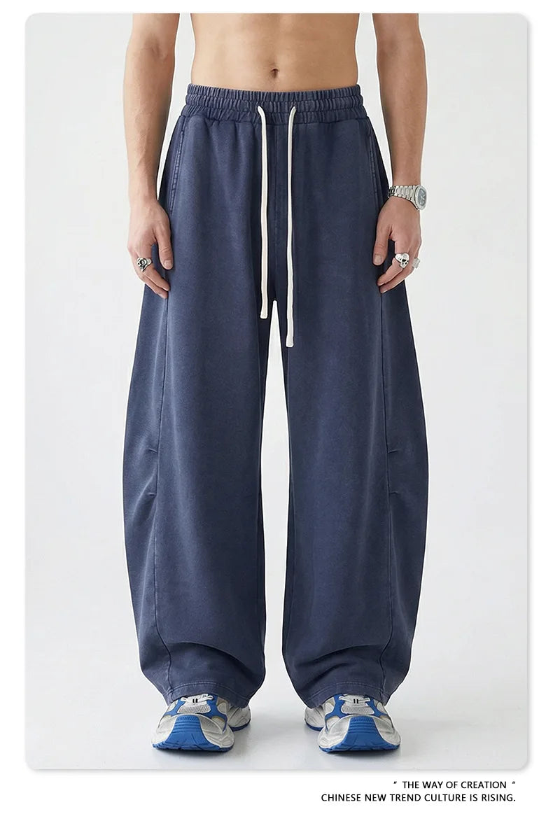Custom LOGO Men's 320G retro fried snowflake 100% cotton high street scimitar straight tube old loose straight trousers
