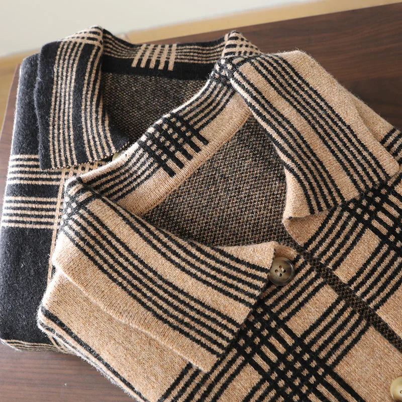 100% Merino Wool Men's Lapel Collar Knit Cardigan Coat 2025 Spring/ Autumn New POLO Neck Grid Suit Shirt Cashmere Jacket Sweater