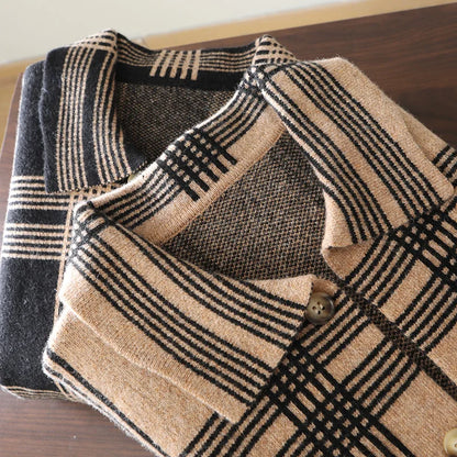 100% Merino Wool Men's Lapel Collar Knit Cardigan Coat 2025 Spring/ Autumn New POLO Neck Grid Suit Shirt Cashmere Jacket Sweater