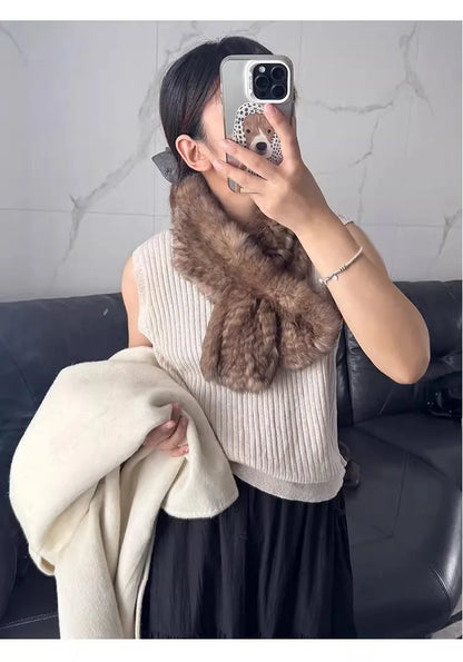 Korean-quality sable color scarf Real rabbit fur scarves women's autumn and winter versatile woven sable hair scarf, fur collar