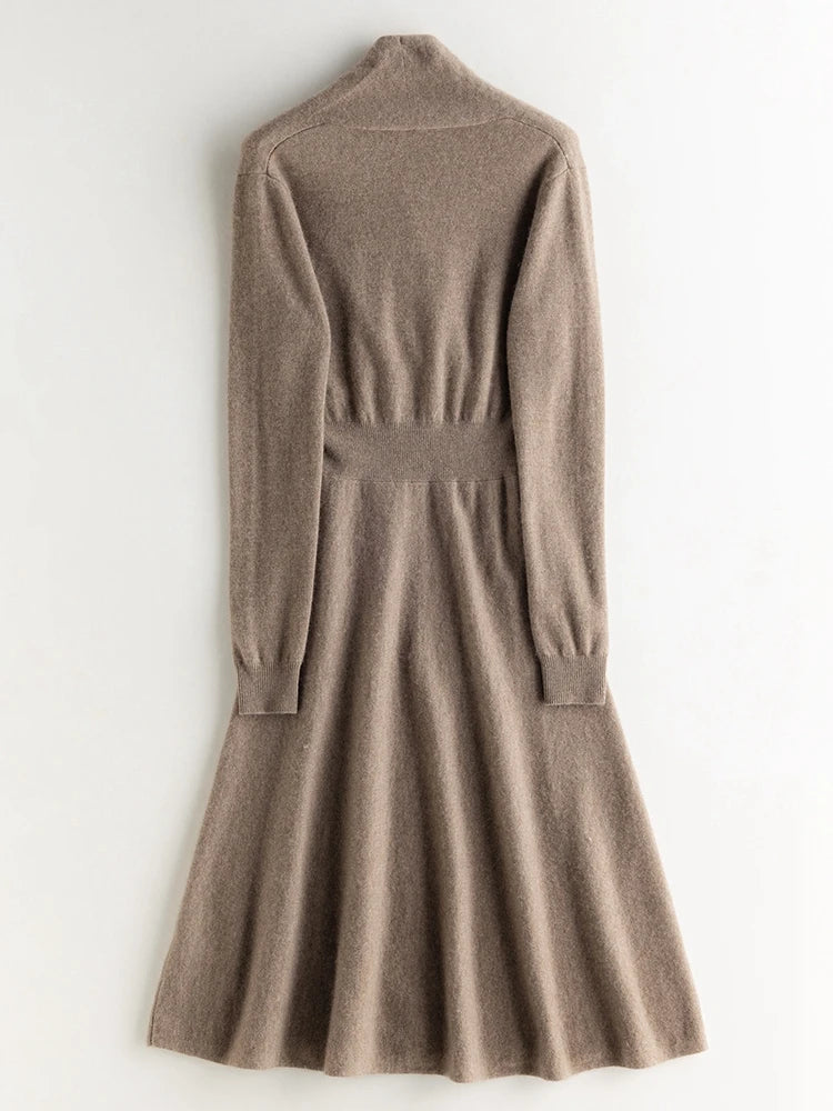 CHICUU Women 100% Cashmere Dresses V-neck Waist Cinching Dresses Autumn Winter Office Lady Grace Luxury Cashmere Knitwear