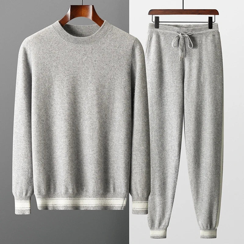 Autumn and Winter 100% Pure Cashmere 2-Piece set Men Loose and Warm Round Neck Pullover Sweater Knitted Casual Pencil Pants Suit