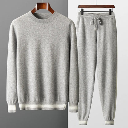 Autumn and Winter 100% Pure Cashmere 2-Piece set Men Loose and Warm Round Neck Pullover Sweater Knitted Casual Pencil Pants Suit