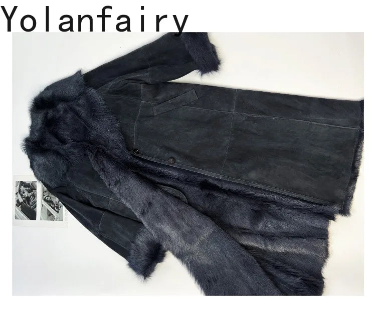 YOLANFAIRY Real Goatskin Leather Fur Coats for Women Winter High-end Natural Fur Coat Lazy Style Long Leather Jacket Luxury Wear