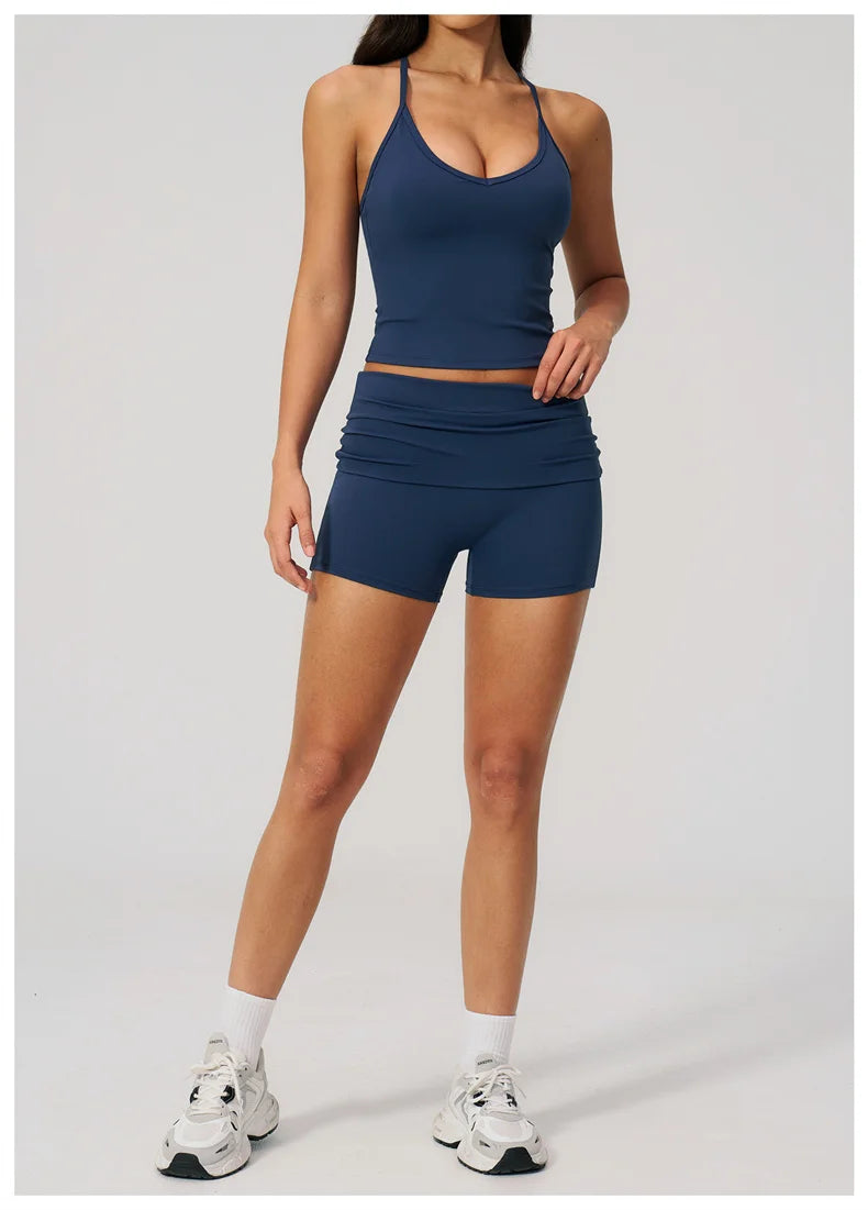 TRY TO BN Two Pieces Women's Tracksuit Vest Sling Top Set Fold-over Waist Yoga Shorts Hip Lifting Running Fitness Gym Activewear