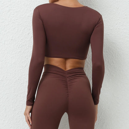 Sexy Creased Long Sleeve Crop Top Women Yoga Clothing Quick Dry Gym Long Sleeved Shirt Women Clothes Running Workout Sportswear