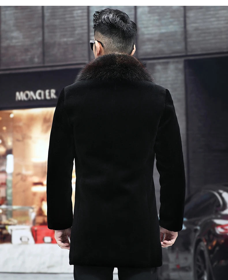 6XL Winter Jacket for Men Sheep Shearling Down Coat Men's Large Fur Collar Midi Long 100% Wool Real Fur Coats and Jackets FCY