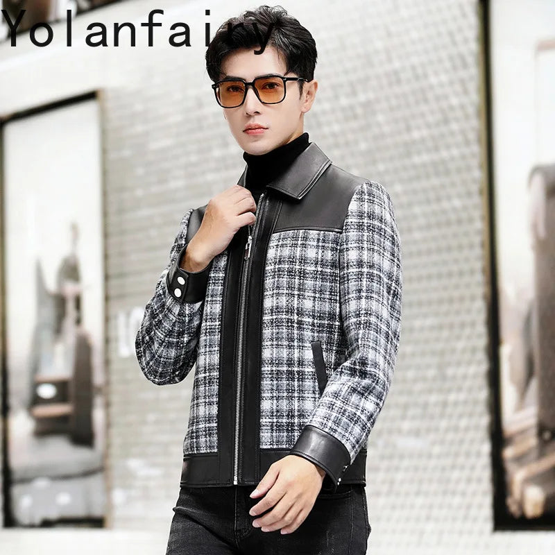 YOLANFAIRY Plaid Wool Spliced Genuine Sheepskin Jacket for Man Spring Autumn Short Woolen Coat Turn Down Collar abrigo hombre