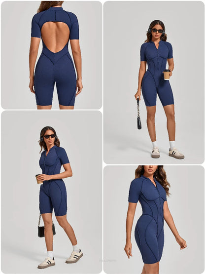 VITALINOVO Women Short Sleeve Workout Jumpsuit Backless Zip Up Romper Bottom Shorts Built-in Bra Bodysuit Bodycon Sexy One Piece