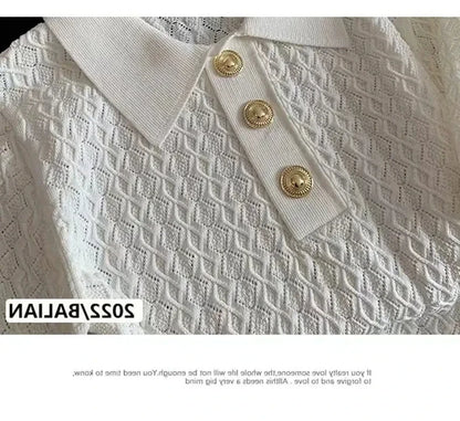 Ice Silk Polo Shirt Knitted Short Sleeve T-Shirt Summer Chic Thin Unique Jacquard Women Tops 2026 Korean Style Women’s Clothing