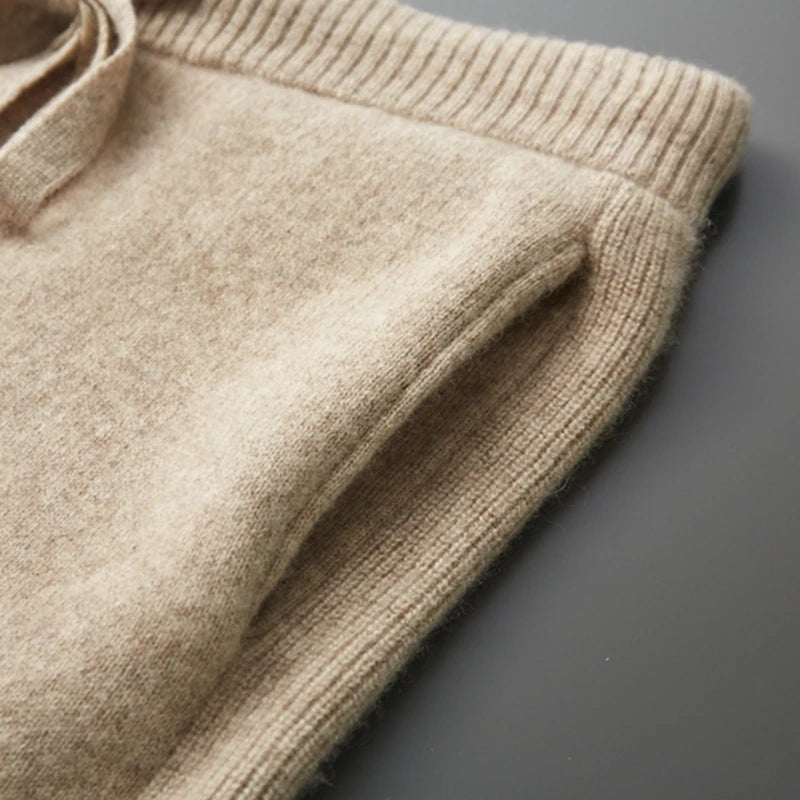 Autumn/Winter Men Sweater Suit Hooded Zipper Pullover Pants Thick Warm Casual Clothing 100% Cashmere Knitwear Trousers Tops